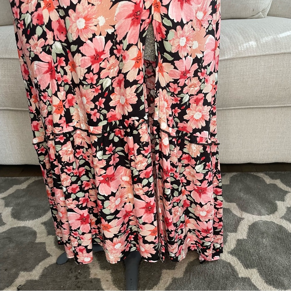 XS pink red black green floral print midi high low dress - Picture 6 of 11